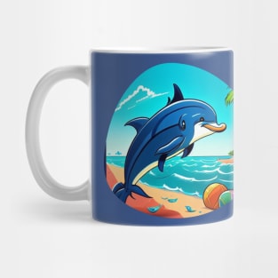 Happy blue dolphin playing on the beach Mug